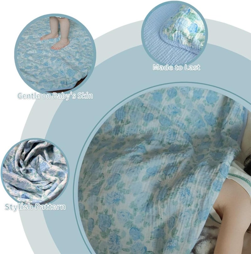 JoyTrek 100% Cotton Muslin Baby Blanket,Reversible Receiving Blanket for Girls,Premium Organic Cotton Crib Quilt for Newborns Toddlers,Soft&Durable for Nursery,Tummy Time,Blue Rose 47x47in - Image 3